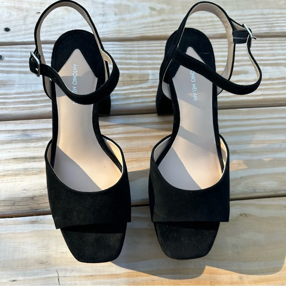 ​Antonio Melani Black Suede Platform Block Heels Ankle Strap Sandals Size 10